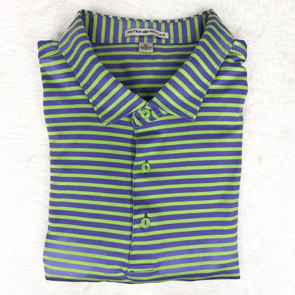 Peter Millar Polo Shirt Mens XL Green Purple Stripe Cotton Golf Preppy EUC